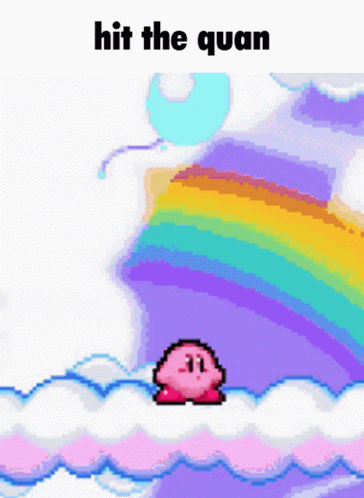A Pixel Art Of Kirby And A Rainbow With The Words Hit The Quan Below It GIF