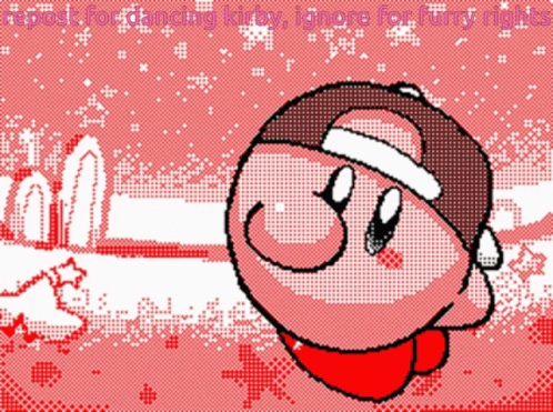 A Pixel Art Of Kirby With The Words Repost For Dancing Kirby Ignore For Furry Rights Below Him GIF