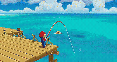 A Pixel Art Of Mario Fishing On A Dock In The Ocean GIF