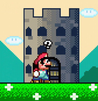 A Pixel Art Of Mario Standing In Front Of A Building GIF