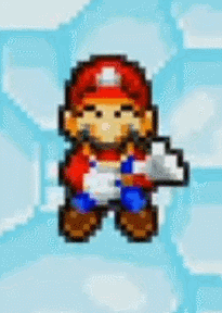 A Pixel Art Of Mario Standing On A Blue Background GIF