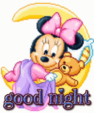 A Pixel Art Of Minnie Mouse Holding A Teddy Bear With The Words Good Night Below Her GIF