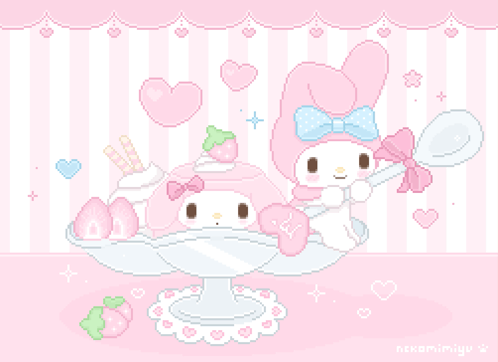 A Pixel Art Of My Melody Holding A Spoon In Front Of A Cake GIF