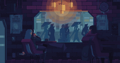 A Pixel Art Of People Sitting In Front Of A Window With A Sign That Says Join The Free Thoughts GIF
