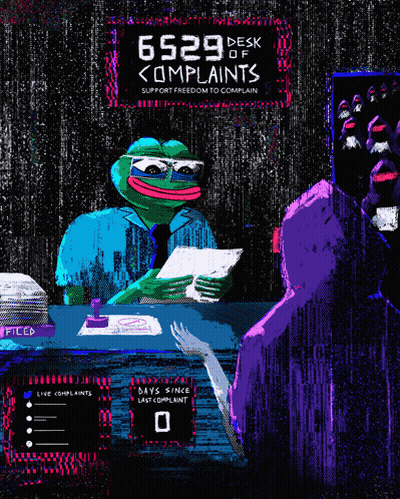 A Pixel Art Of Pepe The Frog Sitting At A Desk With A Sign That Says 65.29 Desk Of < Complaints GIF
