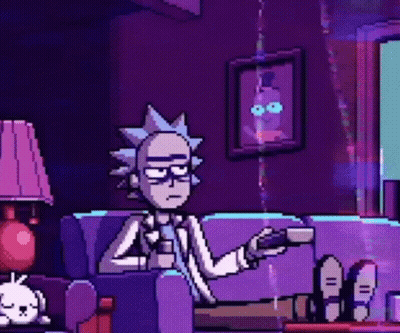 A Pixel Art Of Rick And Morty Sitting On A Couch Holding A Gun . GIF