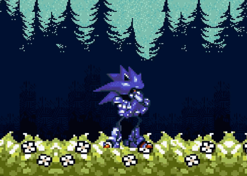 A Pixel Art Of Sonic The Hedgehog Surrounded By Trees And Flowers GIF