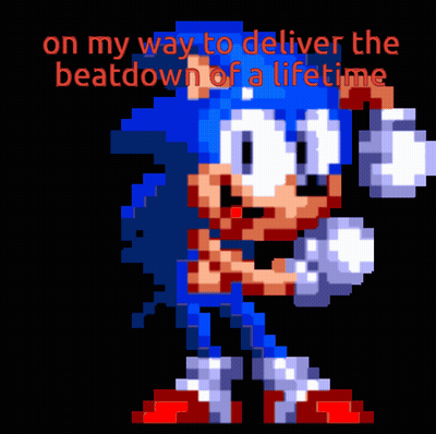 A Pixel Art Of Sonic The Hedgehog With The Words " On My Way To Deliver The Beatdown Of A Lifetime " GIF