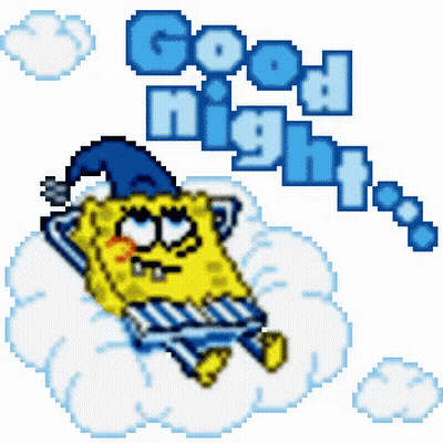 A Pixel Art Of Spongebob Laying On A Cloud With The Words " Good Night " Above Him GIF
