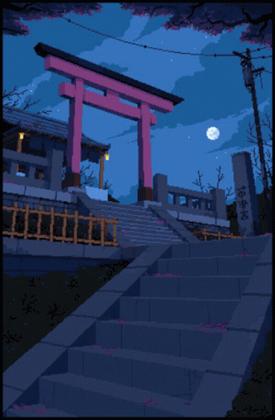 A Pixel Art Of Stairs Leading Up To A Gate With Chinese Writing On It GIF