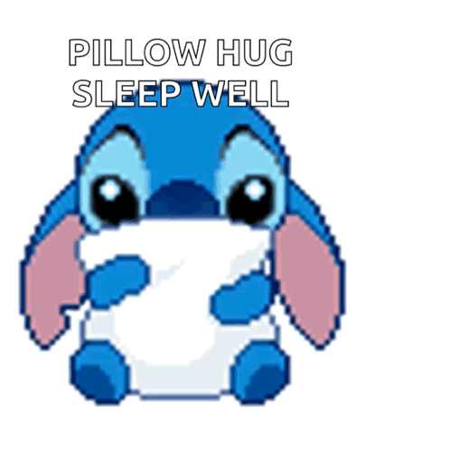 a pixel art of stitch holding a pillow with the words pillow hug sleep well above it