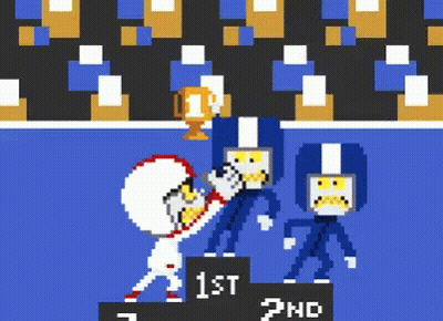 A Pixel Art Of Two Football Players Standing On A Podium That Says 1St 2Nd GIF