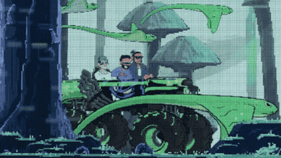 A Pixel Art Of Two Men Riding A Green Vehicle GIF