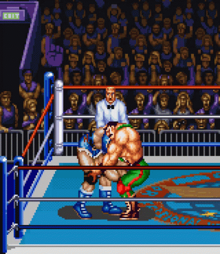 A Pixel Art Of Two Men Wrestling In A Ring With An Exit Sign Above Them GIF