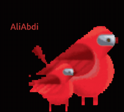 A Pixel Art Of Two Red Birds With The Name Aliabdi Written Below Them GIF