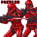 A Pixel Art Of Two Red Storm Trooper Soldiers Holding Laser Guns Sticker