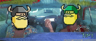 A Pixel Art Of Two Vikings In A Car With Tiny Written On The Bottom GIF