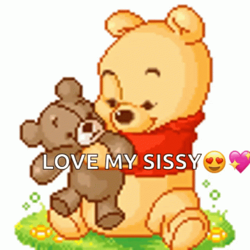 A Pixel Art Of Winnie The Pooh Holding A Teddy Bear With The Words Love My Sissy GIF