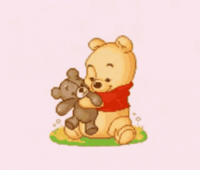 A Pixel Art Of Winnie The Pooh Hugging A Teddy Bear . GIF