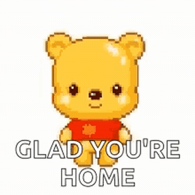 A Pixel Art Of Winnie The Pooh Saying `` Glad You 'Re Home '' Surrounded By Pink Hearts . GIF