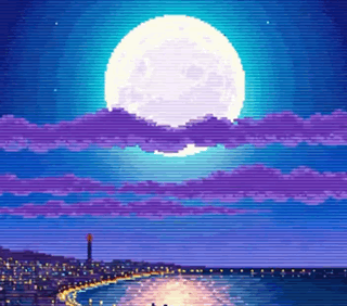 A Pixel Art Painting Of A Full Moon Over A City GIF
