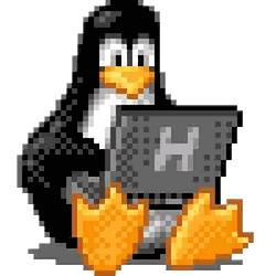 A Pixel Art Penguin Is Sitting In Front Of A Laptop With The Letter H On It Sticker