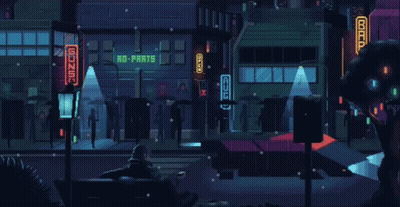 A Pixel Art Scene With A Sign That Says Ro-Parts On It GIF