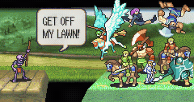 A Pixel Art Scene With A Speech Bubble That Says " Get Off My Lawn ! " GIF