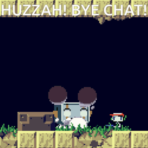 A Pixel Art Scene With The Words Huzzah Bye Chat Written Above It GIF