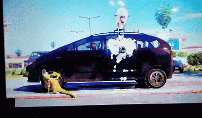 A Pixelated Image Of A Car With A Cartoon Character On The Back GIF