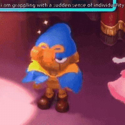 A Pixelated Image Of A Cartoon Character With The Words " I Am Grappling With A Sudden Sense Of Individuality " GIF