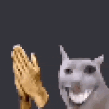 A Pixelated Image Of A Cat Standing Next To A Statue Of A Hand GIF