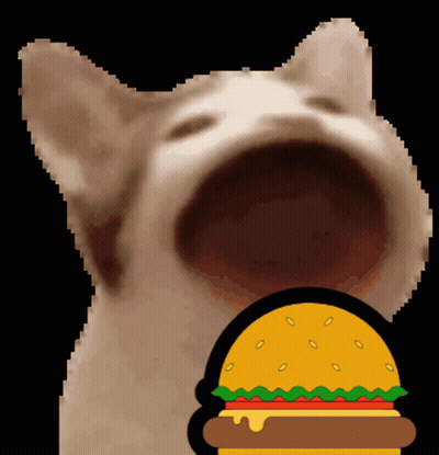 A Pixelated Image Of A Cat With Its Mouth Open And A Hamburger In The Background GIF