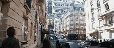 A Pixelated Image Of A City Street With A Sign That Says ' Lg ' GIF