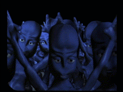 A Pixelated Image Of A Group Of People With Their Faces Covered In Blue Paint GIF
