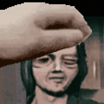 A Pixelated Image Of A Hand Touching A Man 'S Forehead With His Eyes Closed GIF
