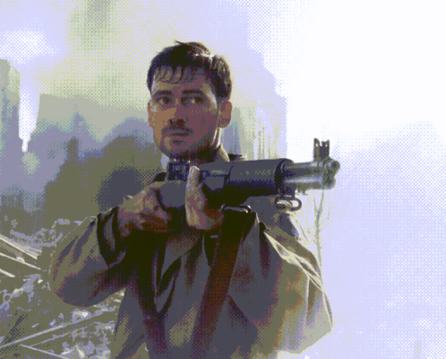 A Pixelated Image Of A Man Holding A Gun In His Right Hand GIF