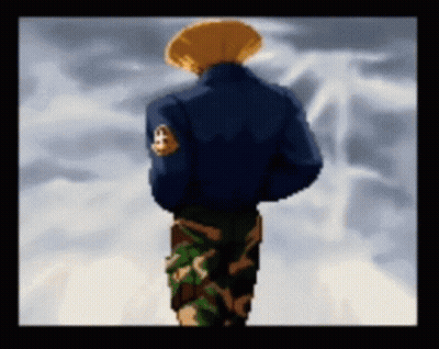 A Pixelated Image Of A Man In A Blue Jacket And Camouflage Pants GIF