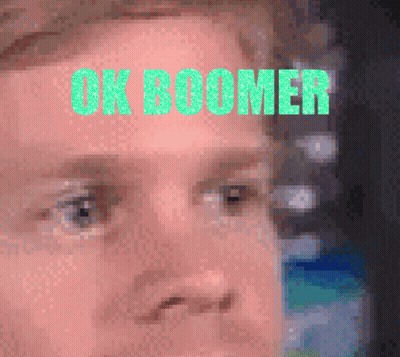 A Pixelated Image Of A Man 'S Face With The Words Ok Boomer Written Above It GIF