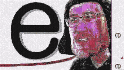 A Pixelated Image Of A Man Wearing Glasses With The Letter E Behind Him GIF