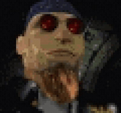 A Pixelated Image Of A Man With Red Eyes Sticking His Tongue Out GIF