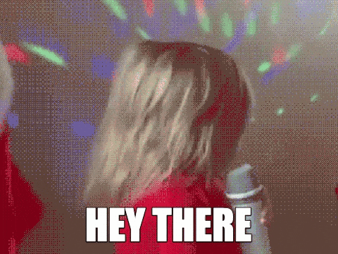 A Pixelated Image Of A Woman Dancing With The Words " Hey There " Above Her GIF