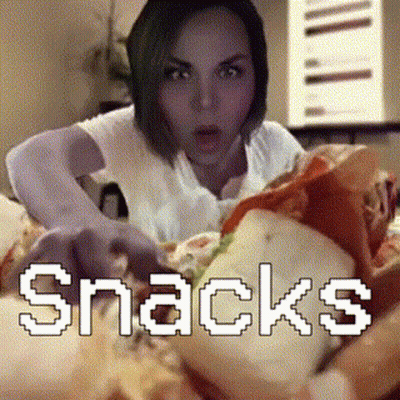 A Pixelated Image Of A Woman Eating A Sandwich With The Words Snacks Written On It GIF