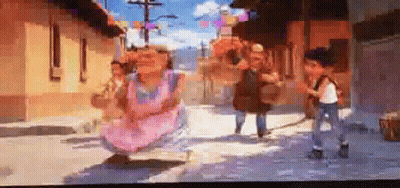 A Pixelated Image Of A Woman In A Pink Apron Walking Down A Street GIF