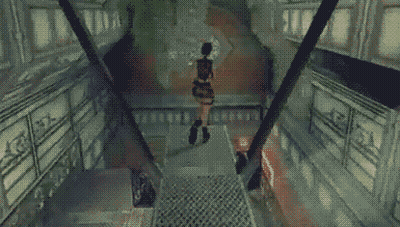 A Pixelated Image Of A Woman Walking Down A Hallway GIF