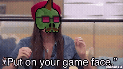 A Pixelated Image Of A Woman With The Words Put On Your Game Face Below Her GIF