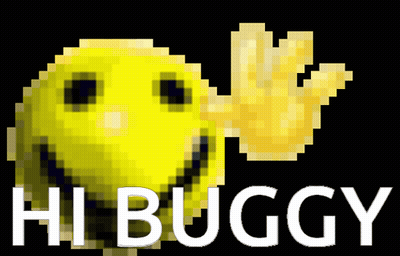 A Pixelated Image Of A Yellow Smiley Face With The Words Hi Buggy Below It GIF