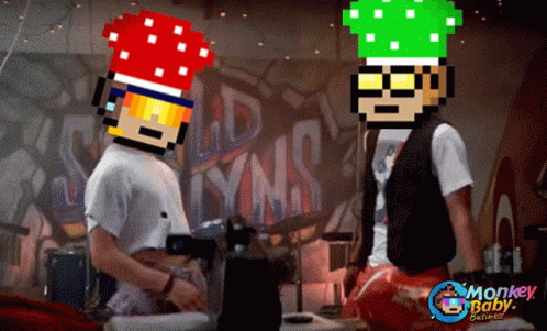 A Pixelated Image Of Two Men With Monkey Baby Written Below Them GIF