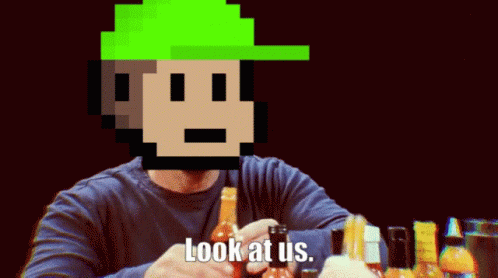 A Pixelated Man Is Holding A Hot Sauce Bottle And Says Look At Us GIF