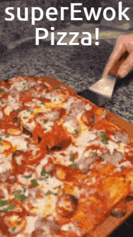 A Pizza Being Sliced With The Words Superewok Pizza Written Above It GIF
